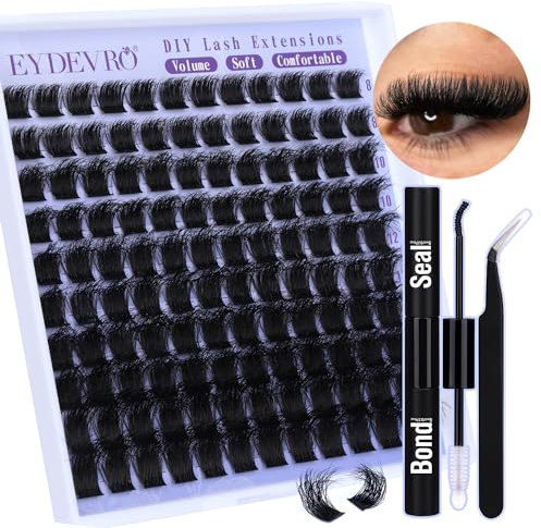 EYDEVRO Fluffy Cluster Lashes Kit D Curl Individual Lashes Thick Volume Lash Extension Kit DIY Eyelash Extension Kit Lashes Individual Cluster Lash Bond and Seal Lash Tweezers (8-16mm, D Curl)