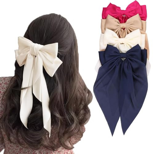Kesfey Lot de 4 barrettes à cheveux avec grand nœud pour femme, pinces à cheveux françaises avec ruban et nœuds en satin doux et soyeux de couleur unie (kaki, bleu marine, rose et beige)