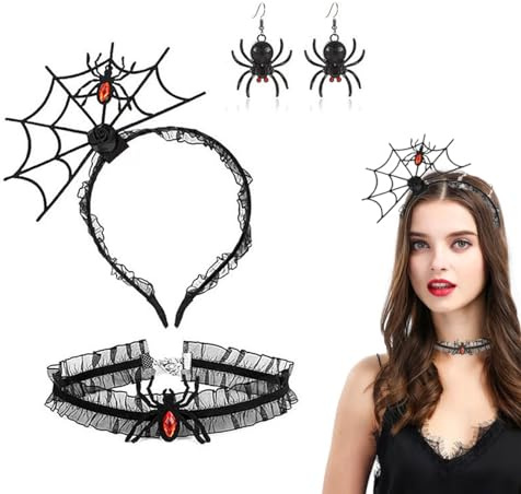 FDCGAS 4 pcs Halloween Haarreifen Spinnen Ohrringe Haarreif mit Halsketten Spinnen Haarschmuck Frauen Stirnband Fledermaus für Erwachsene Fasching Karneval Kostüm Party Hexenhut Spinnennetz