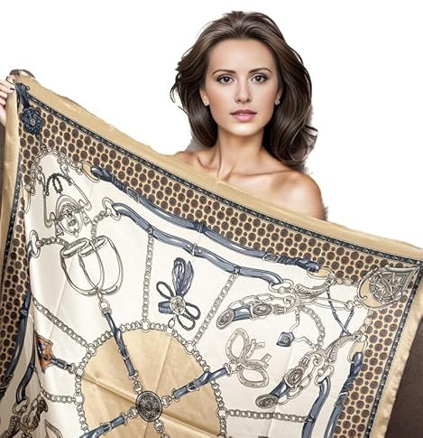 LA FERANI Designer Damen Seidentuch beige gold klassisch Halstuch Seide Chiffon formelle Anlässe Tuch Umschlagtuch leicht 90x90cm Bandana Geschenk (Model 2)