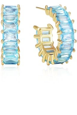 Mesovor Gold Zirkonia Creolen Ohrringe für Damen und Mädchen, 18 Karat Vergoldete Creolen in C-Form, Schmuck für Party, Abschlussball (Blau)