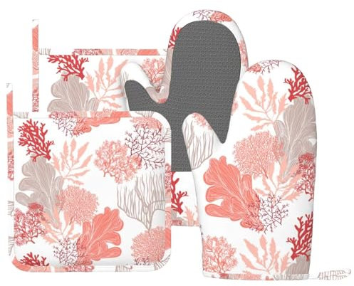 DONMYER Coastal Coral Ofenhandschuhe und Topflappen, 4-teiliges Set, Silikon, Ozean, Meer, Korallenriff, Küche, Ofenhandschuh, Handschuhe, maritim, nautisch, Seetang, Topflappen, hitzebeständiges