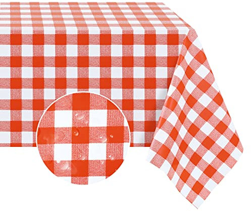 Romanstile christmas tablecloth Gingham white and red PVC vinyl Table Cloth rectangle wipe clean and waterproof,Oilcloth Tablecloths,xmas Birthday Party Outdoor Wedding Garden Spring 137x274 cm