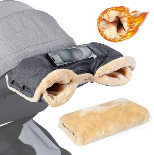 Orzbow Kinderwagen Handwärmer,Warm Kinderwagen Handschuhe mit Lammfellimitat,Stabil Handmuff für Kinderwagen mit Handyfach,Wetterfester Stoff,Extremer Komfort,Kinderwagen Muff im Winter,Dunkelgrau