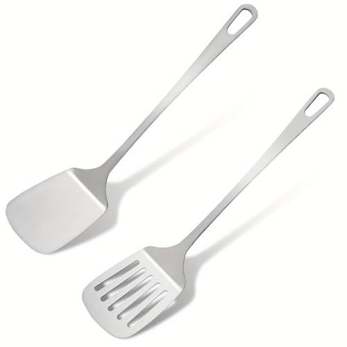 2er Set Pfannenwender, Geschlitzt, Küchenhelfer Mit Langem Griff, Spülmaschinenfest Zum Kochen (Silber)