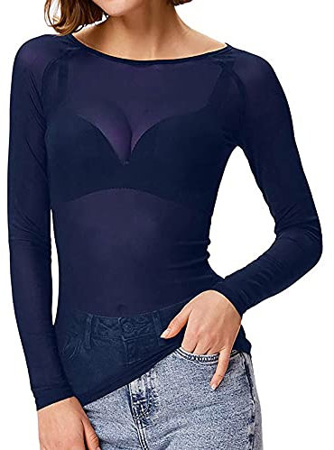 Women's Tops Long Sleeve Crew Neck Mesh Top Sexy Sheer Shirts See Through Blouses Slim Fit T Shirts Tunic Blouse Y2k Shirt Going Out Tops Streetwear Party Clubwear