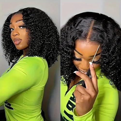 Perruque Cheveux Humain Sans Colle Pre Cut 4×4 Lace Glueless Wig Human Hair Kinky Curly Wear and Go Perruque Femme Naturelle Brésilien Bouclée 180% Density Couleur Naturelle 10 Pouces