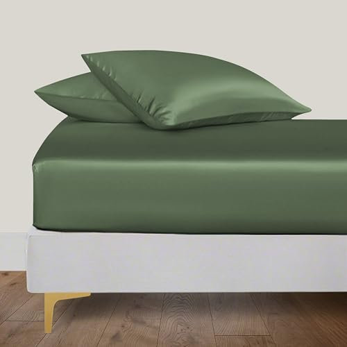 LINENWALAS Spannbettlaken aus 100% Bambus mit Kissenbezug 160 x 200 cm, Tiefe Tasche bis zu 40 cm, weiches, kühlendes Seide-Bambus-Bettwäsche-Set (Avocado Green, 160x200)