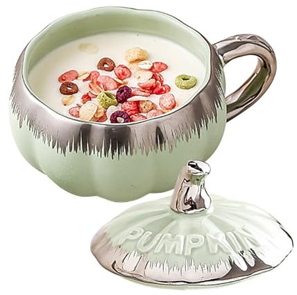 Taza en forma de calabaza, taza de calabaza - Linda taza de cerámica de Acción de Gracias - Taza en forma de calabaza con tapa y cuchara, taza de café, taza de sopa de leche para adultos, niños,