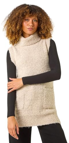 Roman Originals Boucle Pocket Sleeveless Knit Jumper for Women UK - Ladies Everyday Autumn Winter Roll Neckline Comfy Soft Evening Vacation Work Party Night Out - Natural - Size 16 Beige