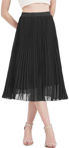 Kefiyis Rock Damen Lang Plisseerock Damen Sommer Rock A Linie Elastische Hohe Taille Faltenrock Elegant Chiffon Midi Röcke Schwarz L