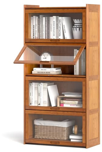 GIANTEX Bibliothèque en Bambou à 4 Niveaux 140 CM, Étagère à Livres avec Portes Rabattables en Acrylique Transparent, Meuble de Rangement Autoportante, pour Salle d'étude, Salon, Chambre (Café)