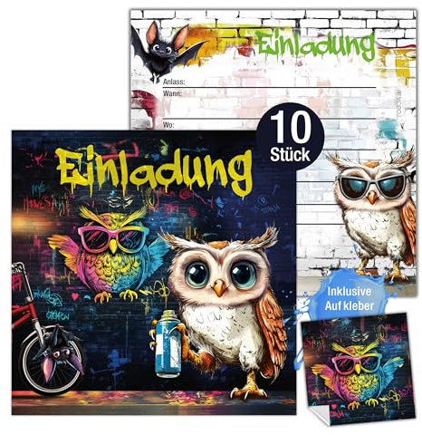 TOBJA 10x Einladungskarten Kindergeburtstag Mädchen & Jungen Graffiti Eulen Design XXL 15 x 15 cm | mit Stickern & Umschlägen | Geburtstagseinladungen für Teenager & Kinder (ohne Umschläge)