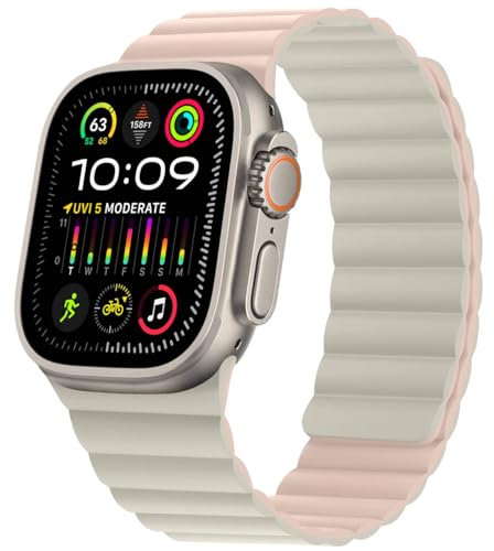 HITZEE Doppelseitig Reversibel Band Kompatibel mit Apple Watch Armband 49/46(S10)/45/44/42mm, Magnetisch Silikon Armband für iWatch Ultra 2 Serie 10 9 8 7 SE 6-1 (49/46/45/44/42, Rosa/Sternenlicht)