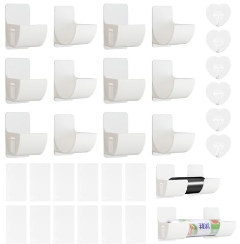 Jiayaus Pack of 12 Adjustable Bin Bag Holders, Wall Mounted Self-Adhesive Kitchen Organiser, No Punching Rubbish Bag Dispenser Organiser for Kitchen Storage, Rubbish Bags, Cling Film