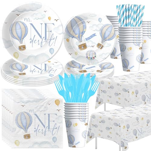 Suhelkit Hot Air Balloon 1st Birthday Party Supplies, Mr Onederful Decorations, Blue Plates and Napkins for 24 Guests