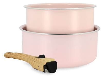 MENASTYL - Lot de 2 casseroles amovibles revêtement antiadhésif céramique sans PFAS/PTFE - 2 casseroles 16/18cm et 1 poignée - Tous feux dont induction – Alu recyclé Rose - 6020634