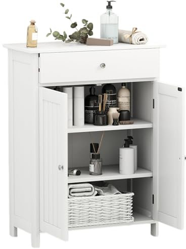 LIFEZEAL Badezimmerschrank, Badschrank mit Schublade und 2 Türen, Badkommode mit höhenverstellbaren Einlegeböden, Freistehender Aufbewahrungsschrank (Weiß)