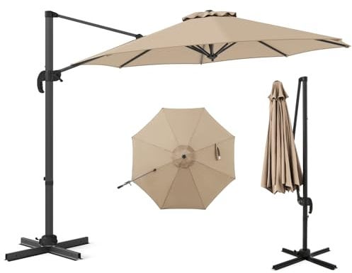 COSTWAY 3M/3.3M Garden Cantilever Parasol, Outdoor Offset Banana Hanging Umbrella with 5 Adjustable Tilt, 360° Rotation and Cross-shaped Base, 8-Rib Sun Shade Canopy (Beige, 3M)