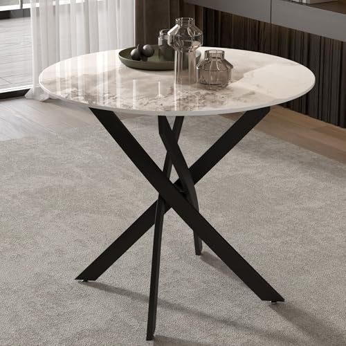 GOLDFAN Table à Manger Ronde, Plateau en Pierre Synthétique Effet Marbre, Pieds Métalliques Noirs Croisés, 80 cm