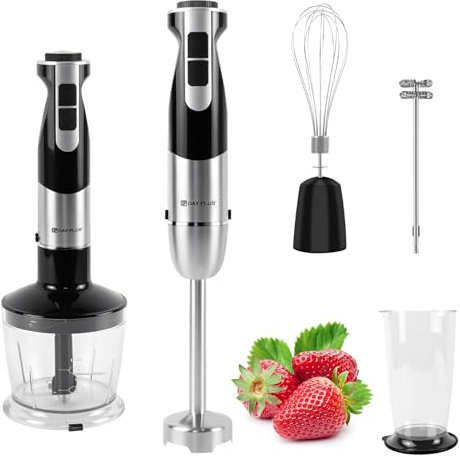 5-In-1 Immersion Hand Blender Set, 12 Speed and Turbo Mode, 1200W Mini Chopper with Frother & Whisk Attachement, Stainless Steel Blades Compact Food Processor 500ml Blender Bowl, 700ml Beaker