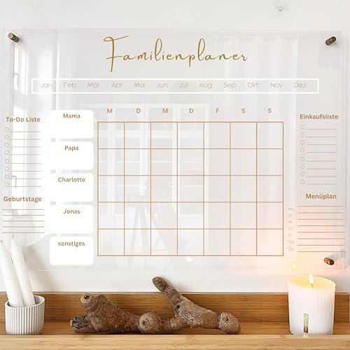 EmiliaLotte Personalisierter Familienplaner aus hochwertigem Acryl I Abwischbarer Wand Kalender für die ganze Familie I Wiederverwendbarer Monatsplaner mit Einkaufsliste, Menüplan & Mehr - Weiss Beige