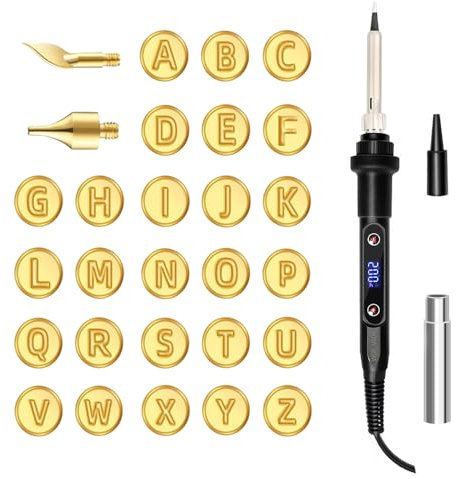 hzexun Brandmalerei Lötkolben Set,Brandmalkolben mit 26 Buchstaben in Kupferform,80W Einstellbarer Temperatur 180-500 °C Lötkolben Holz zum Prägen und Schnitzen