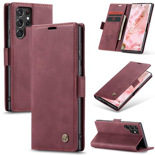 Samokor Handyhülle für Samsung Galaxy S22 Ultra 5G Magnet Leder Klapphülle | Premium Leder,Klappbar,Flip Case,Schutzhülle,Tasche,Kartenfach,Standfunktion,Stoßfest,Hülle für Samsung S22 Ultra,Weinrot