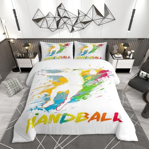 Homewish Handball Sport Theme Bettwäsche 135x200 | Bunte Tinte Splash Graffiti Handballspieler Bettbezug Sportlicher Design Bettwäscheset Sport Enthusiasten Bettset Moderne