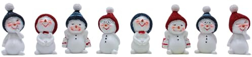 Dekohelden24 Lustige Schneemänner, Schneekinder, Keramikschneemänner, Dekoschneemann - Set, Winterkindfiguren, Schneefiguren im 8er Set mit roten und blauen Mützen, L/B/H 2 x 2 x 5 cm.
