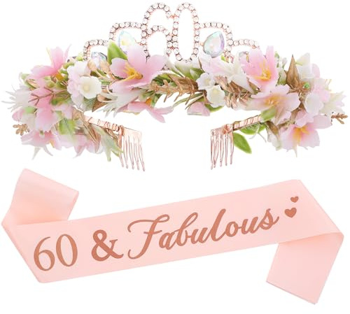 PartyforU Geburtstagskrone und Schärpe, Rosa-Golden Blumen Tiara Krone und Schärpe, Frauen Geburtstagsgeschenk