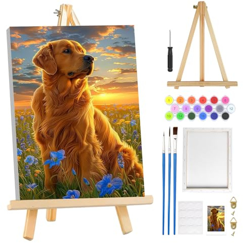 MOGTAA Peinture Numero Enfant Adulte avec Cadre Chien, Paysage Peinture par Numero Adulte avec Chevalet, DIY Animaux Numéro d'Art Kits, Loisirs Créatifs Adultes, pour décoration, 20x30cm
