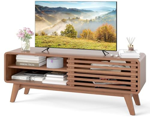 COSTWAY TV Stand Cabinet for 55 Inch TVs, Media Entertainment Center with Sliding Door, Adjustable Shelves & Rubber Wood Legs, Mid-Century Modern TV Unit Console Table for Living Room Bedroom, Walnut