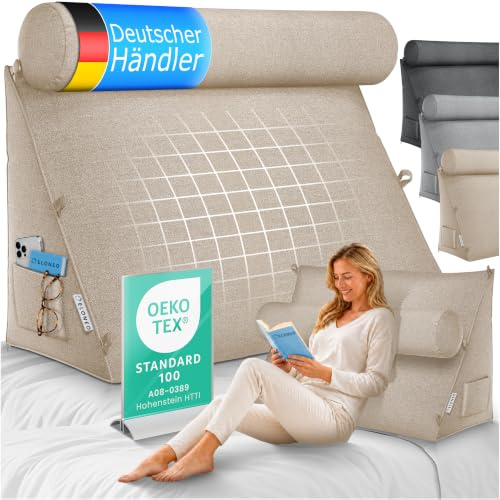 ELONEO Rückenkissen 90 cm breit mit Verstellbarer und Abnehmbarer Nackenrolle, Keilkissen für Bett und Sofa geeignet, dreieckiges Lesekissen, Kissen mit waschbarem Bezug, praktisches Seitenfach