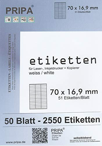 pripa - Etiketten 70 x 16,9 mm - 51 Stueck auf A4-50 Blatt DIN A4 selbstklebende Etiketten 3420
