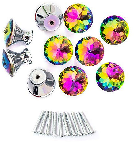 Spriak Cabinet Dresser Crystal Glass Drawer Hardware Cupboard Wardrobe Knob Door Pull Handle for Bathroom and Bedroom (10 Pcs/Package 30mm Rainbow Color)