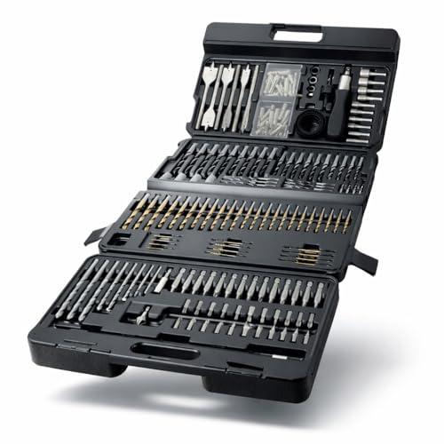 Lumberjack 205 Piece Drill Bit Sets for Wood Metal & Masonry Bits with Case | 205 piece drill and driver set for wood, metal and masonry, with HSS, flat, Pozi bits, hole saws and storage case.