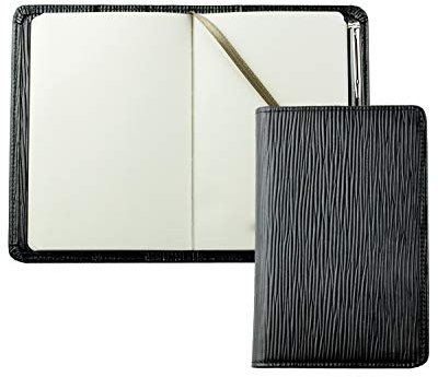 DELMON VARONE - Personalisierbares Taschen Notizbuch Etui DIN A6 Premium Leder Manhattan schwarz unliniert, Blankobuch ohne Linien im Hardcover Einband mit Stiftschlaufe, Einschubfächer und Merkband
