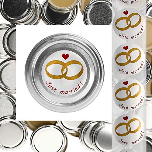 MamboCat 50er Deckelset TO66 Silber + Hochzeits-Etiketten Just Married I Trendige Geschenkverpackung für Marmelade, Kostproben & Give Aways I Einkochzubehör