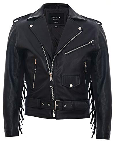 Infinity Leather Herren Fringe Kuhfell Leder Brando Schwarz Tassled Motorradjacke L