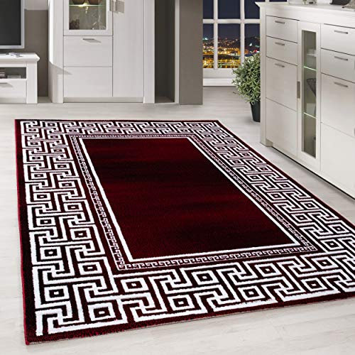 HomebyHome Teppich Wohnzimmer 200x290 cm Rechteckig Rot Kurzflor Bordüre Design - Teppich Schlafzimmer, Esszimmer, Küche Flauschiger Extra Weich Tepich Waschbär Einfache Reinigung