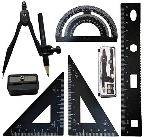 Fortspang Geometrieset, für Geometrie Mathe Geometrie Kit 7 Stück, enthält Lineal Winkelmesser Zeichnung Zirkel, Bleistift, für Studenten technische Zeichnungen