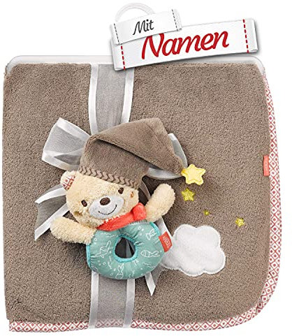 Fehn Teddy Bär Schmusedecke mit Namen personalisiert (bestickt), Kuscheldecke, als Krabbelunterlage, Schnuffeltuch oder Zudecke, 100x75 cm, Junge