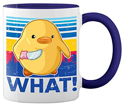 Duck with Knife What! White Coffee Mug with Blue Rim & Handle