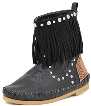 QUEEN HELENA Stivaletti Bassi Indianini con Frange Borchiati Donna ZM8073 Nero 35
