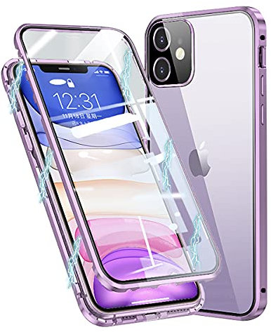 MIMGOAL Hülle für Apple iPhone 11 Hülle,Magnetische Metallrahmen 360 Grad Full Body Handyhülle Vorne hinten Gehärtetes Glas Schutzhülle Einteiliges Ultra Dünn Flip Transparente Cover,Violett