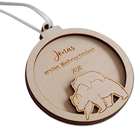 Personalisierte Weihnachtskugel aus Holz mit Name - Mein erstes Weihnachten Baby Baumschmuck BÄR