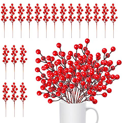 KBNIAN 20 Stück Weihnachtsrote Künstliche Beeren 20 cm Künstliche Holly Berry Rote Beere Gefälschte Beerenzweige Beerenstängel für DIY Weihnachtsbaum Kranz Hochzeit Partydekoration