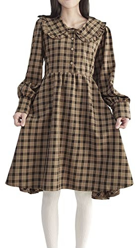 Damen Vintage Langarm Kleid Japanischer Stil Sweet Peter Pan Kragen Hohe Taille A-Linie Plaid Kleider, braun, L