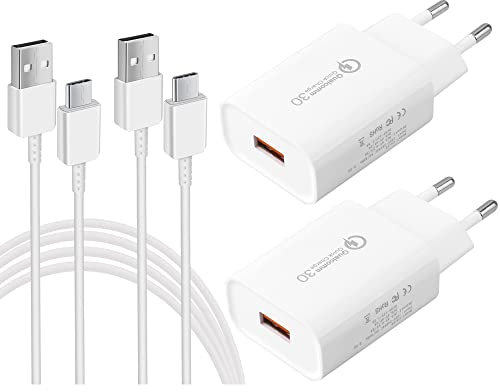 2er-Pack USB Ladegerät, 18W Schnellladegerät Quick Charge 3.0 USB Netzteil mit Ladekabel für Samsung Galaxy S8, S8 Plus, S9, S10, S10 Plus, S20, S21, S22, A53,A52, A40, A14, Huawei, Xiaomi Redmi